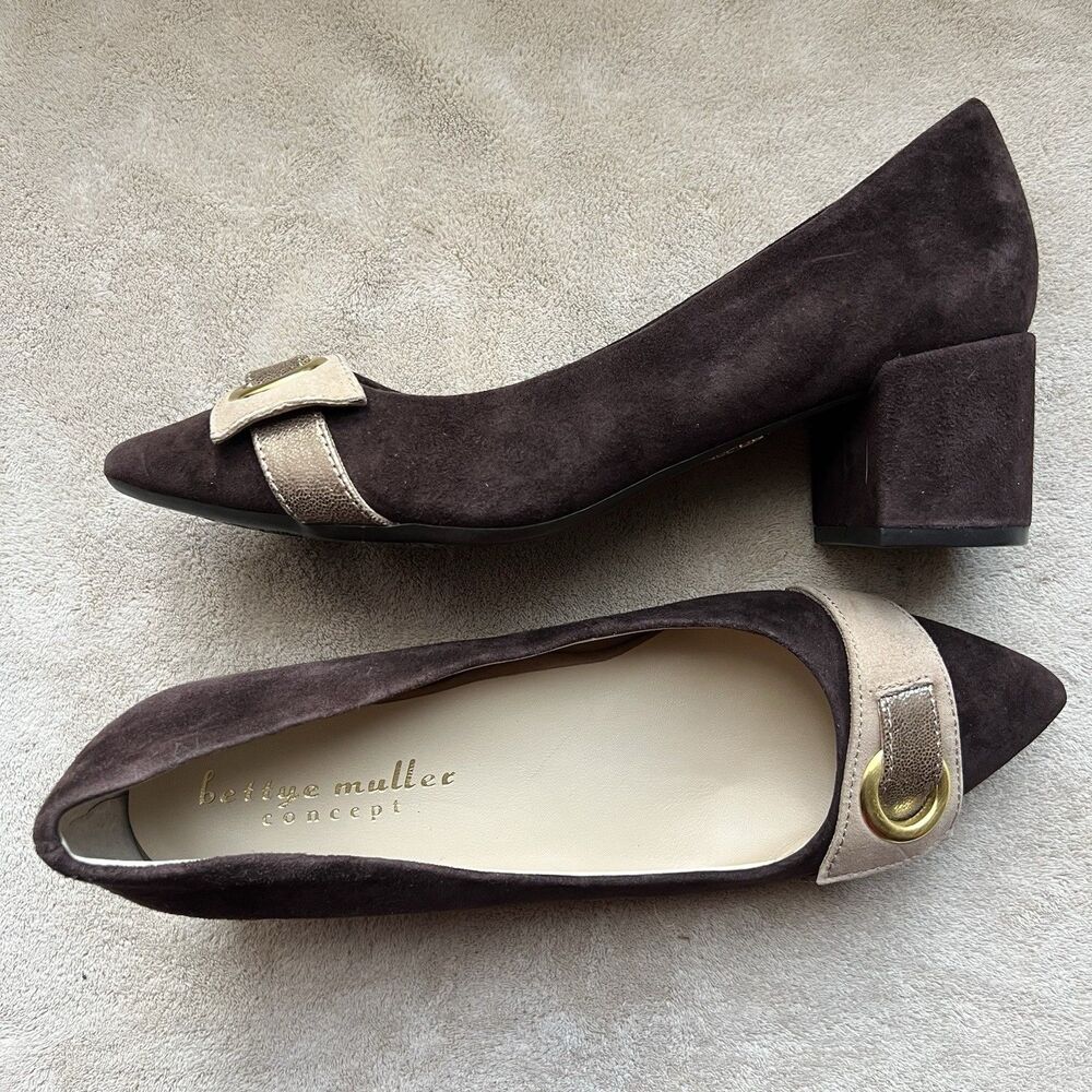 Bettye Muller Concept Fritzi Brown Suede Block Heel Pumps Women 7.5 Classic New